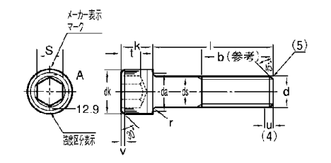 六角穴付ボルト(キャップボルト)の図面（寸法とサイズ）